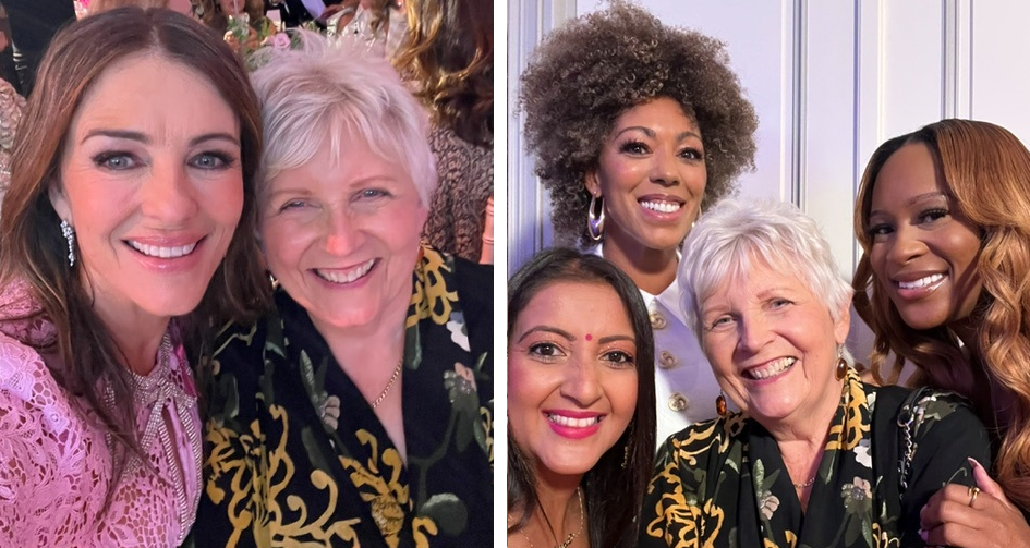 Dame Lesley with Elizbeth Hurley - left image - and with Dr Zoe Williams, Kreena Dhiman and Leanne Pero - right image